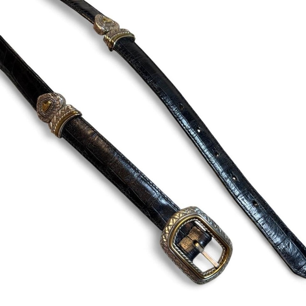 Vintage reversible black brown leather belt embellished metal accents size 30